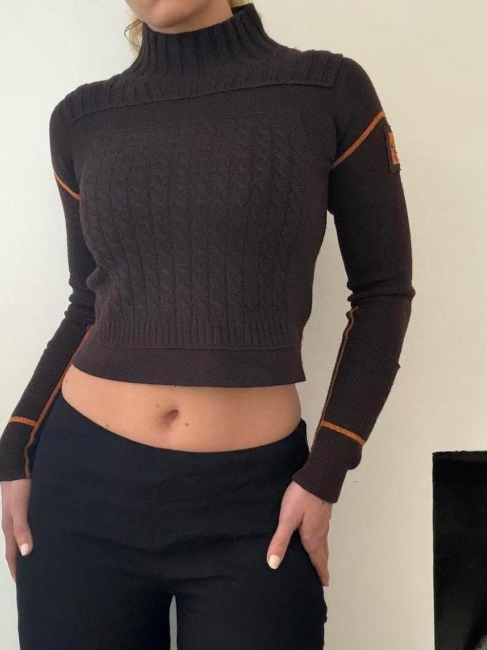 Brown Cable-Knit Cropped Turtleneck Sweater